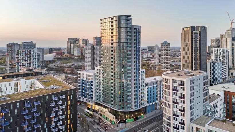 Residential towers at dusk, drone property photography London