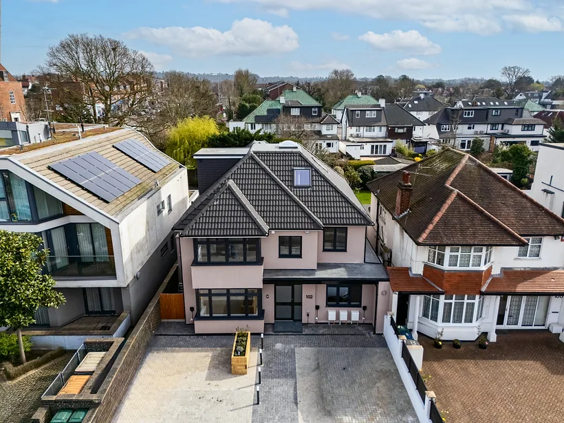 Modern homes and rooftops from above, drone property photography London