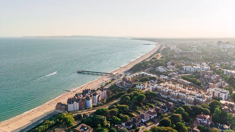 Coastline and pier from the air, drone property photography London