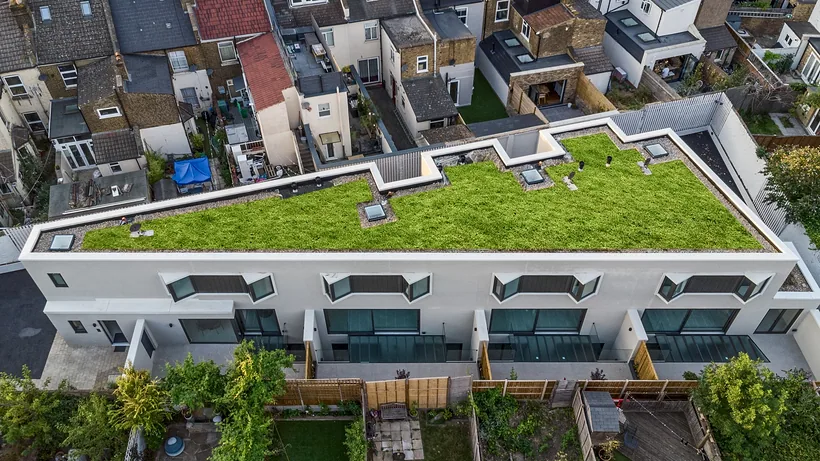 Apartment block with a green roof from above, drone property photography London