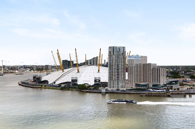 O2 and river panorama from the flat, drone property photography London