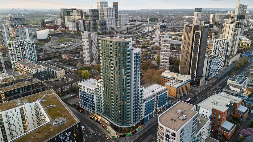 Drone over high-rise cluster, drone property photography London