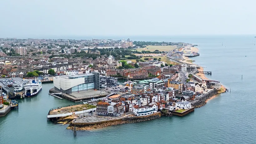 Drone: Old Portsmouth harbour mouth and Round Tower, drone property photography London