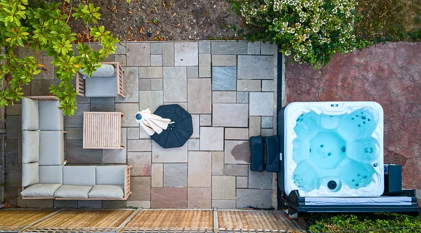Top-down drone of hot tub patio, drone property photography London