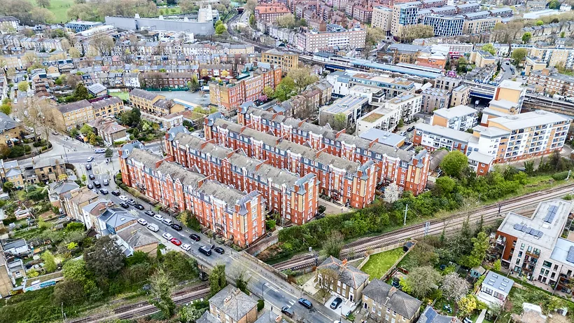 Wide drone over London rooftops, drone property photography London