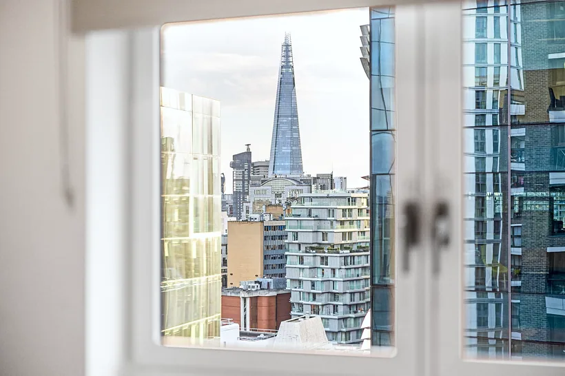 Window framing the Shard, Airbnb photography London