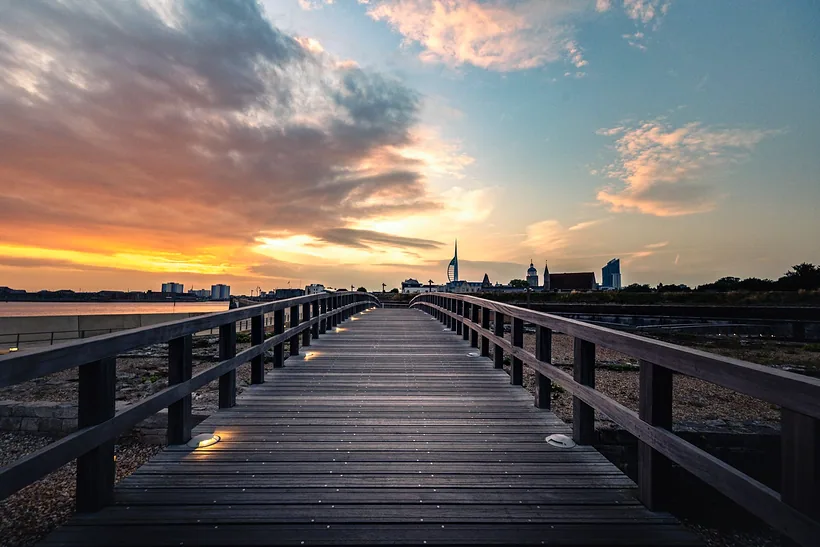 Golden-hour sunset over harbour pier, Airbnb photography London