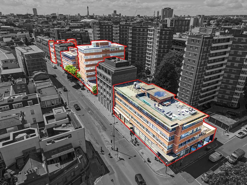 Aerial of an office block marked out in red, commercial photography London
