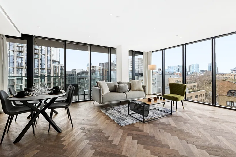 Penthouse living space with city views, developer photography London