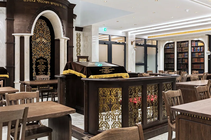 Grand library hall, carved ark and shelves, developer photography London