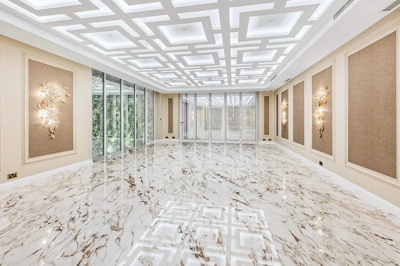 Marble-floored hall under a lattice ceiling, interior photography London
