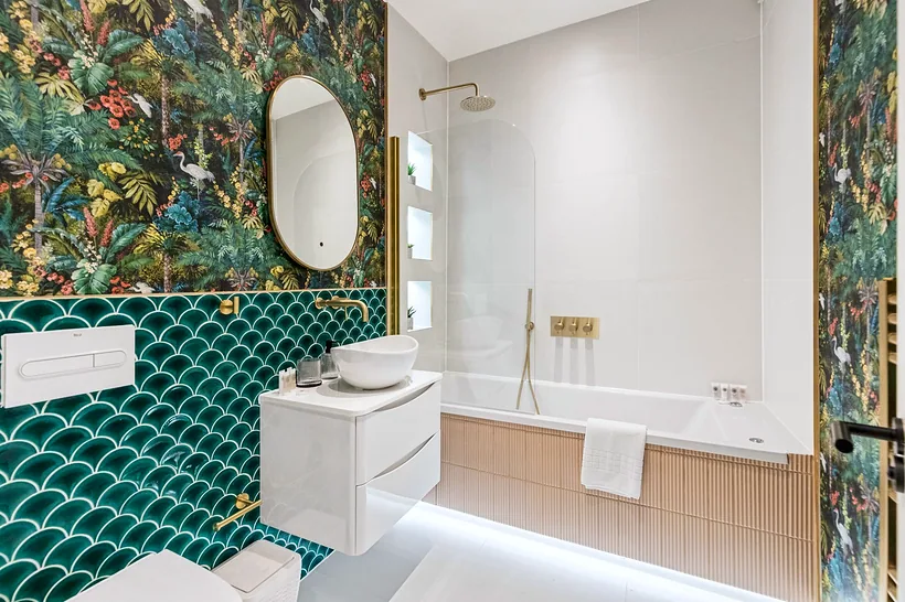 Emerald fish-scale tiles + jungle wallpaper bathroom, brass fittings, kitchen photography London