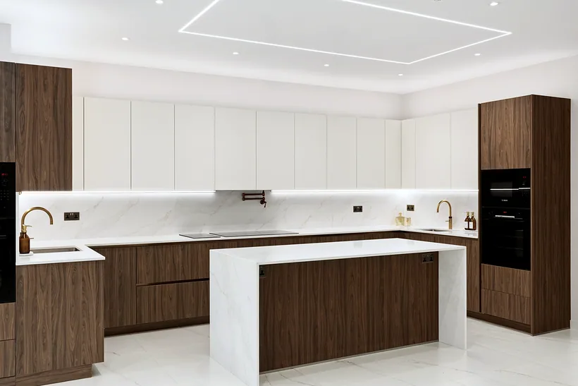 White and walnut kitchen with a marble-look island, kitchen photography London