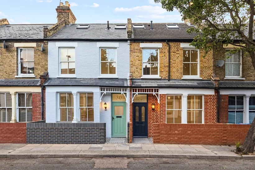 Renovated Victorian terrace with a sage front door, estate agent photography London