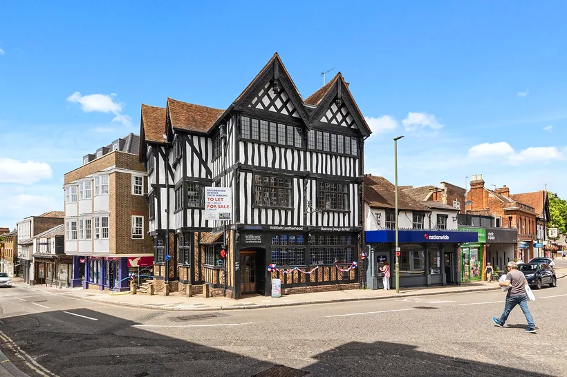 Tudor timber-frame building on high street, estate agent photography London